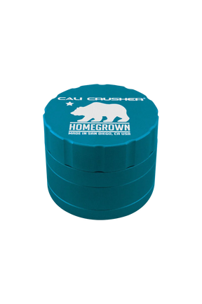 Cali Crusher Homegrown 4-Piece Grinder in Aqua, Aluminum Quicklock, Top View on White