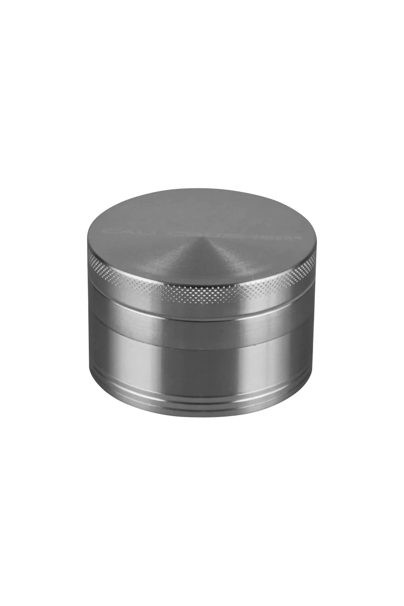 Cali Crusher O.G. 2" Silver 4-Piece Aluminum Grinder, Top View on Seamless White