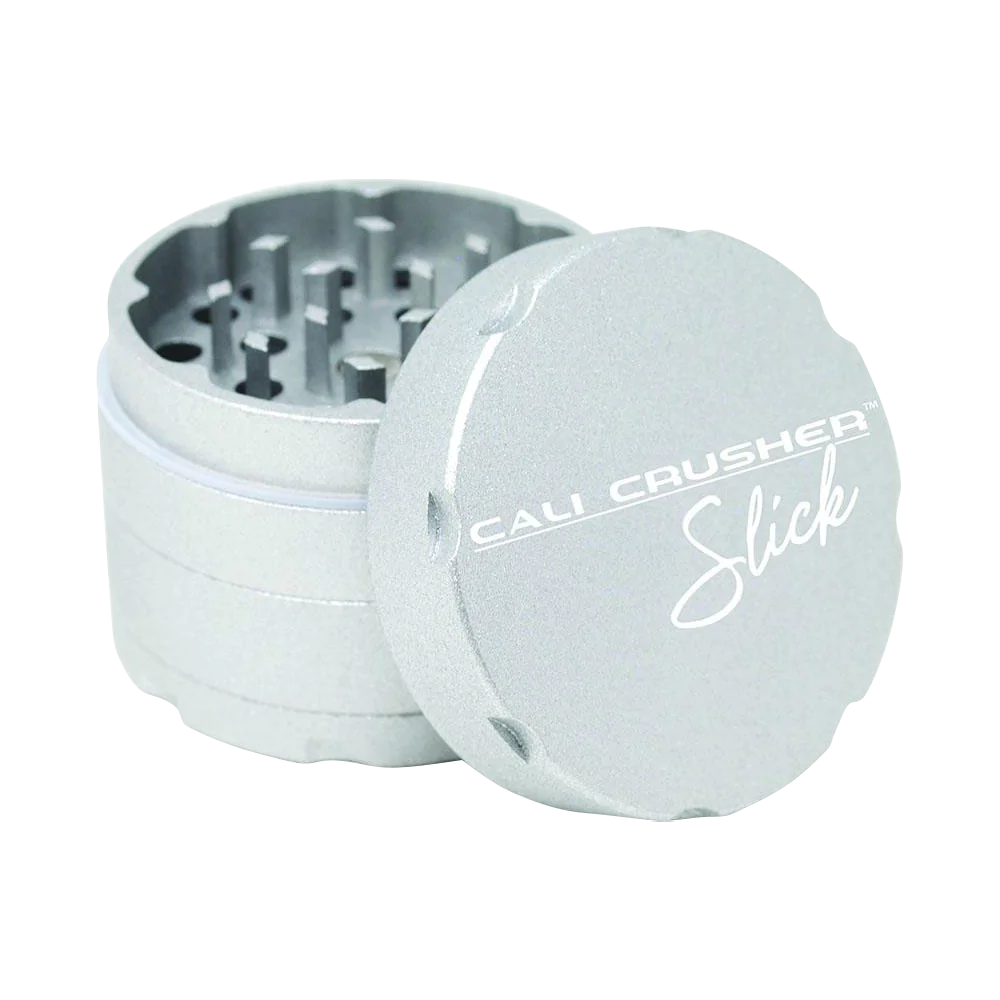 Cali Crusher OG Slick 4-Piece Grinder in Silver with Nonstick Coating - Top and Inside View