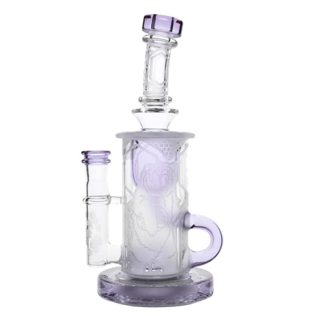 Calibear Sandblasted Purple Klein Recycler with intricate design and percolator, front view on white background