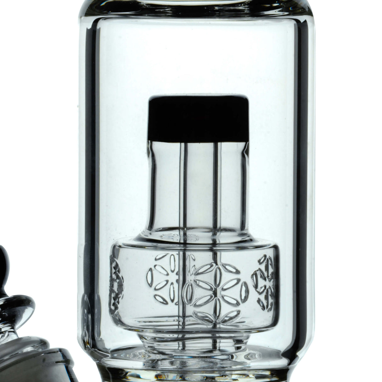 Calibear Sol Straight Tube Bong close-up, heavy wall clear borosilicate glass with intricate design