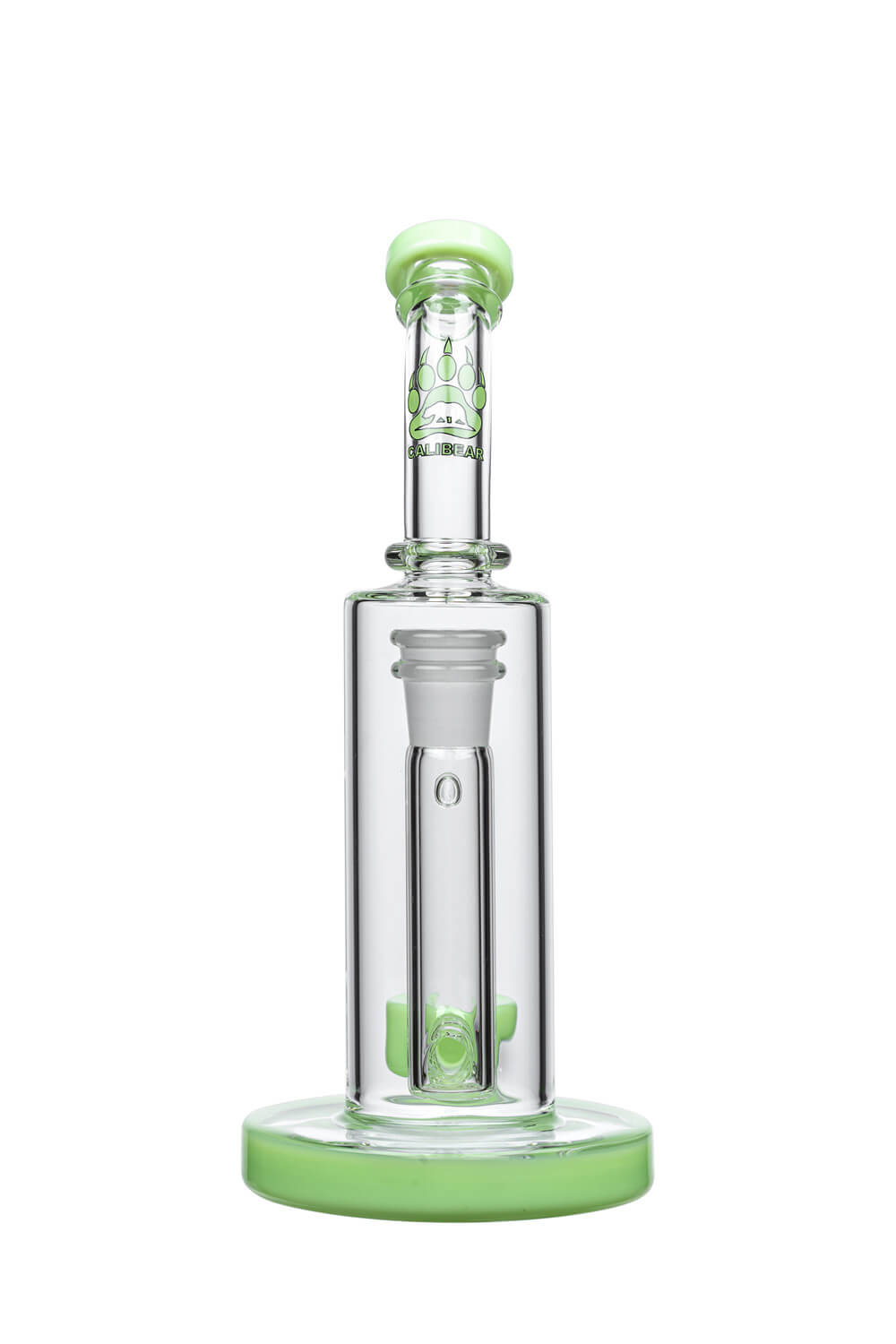 Calibear 8" Straight Can Bong, Flower of Life Percolator, Clear Glass, Front View with Quartz Banger