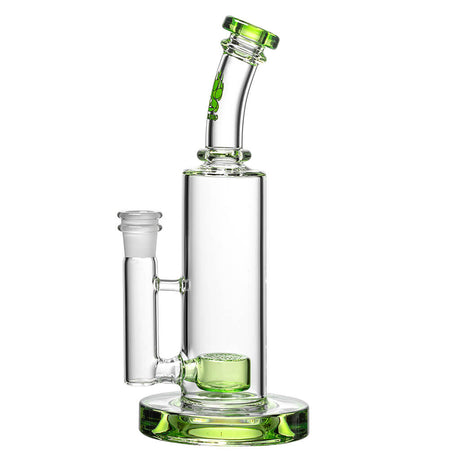 Calibear Straight Can bong with lime green accents, showerhead percolator, and heavy wall glass