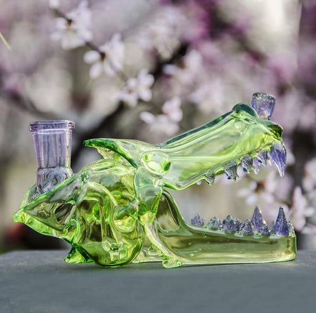 Calibear Wolf Head Dab Rig with Pinhole Perc in Green & Purple Glass, Side View