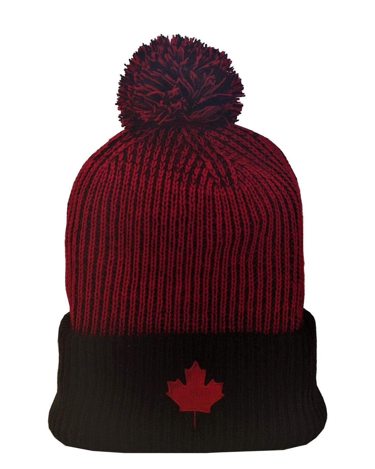 Canada Puffin Knit Toque in red and black with pom-pom and maple leaf emblem