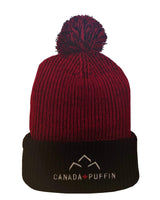 Canada Puffin Knit Toque in red and black with pom-pom, front view on a white background