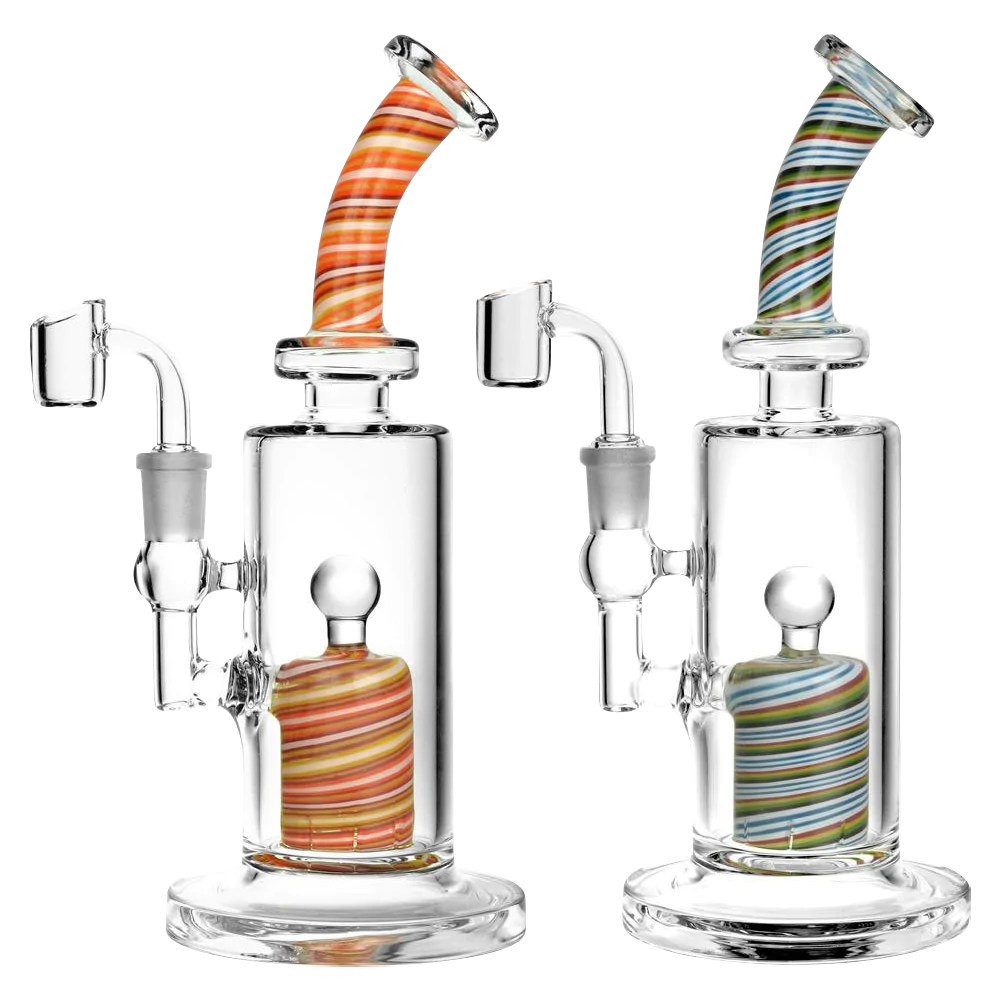 Assorted Colors Candy Swirl Oil Rig with Quartz Banger, 9.25" Tall, Front View
