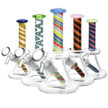 Assortment of Candy Twist Water Pipes with colorful downstems, 45-degree joints, front view