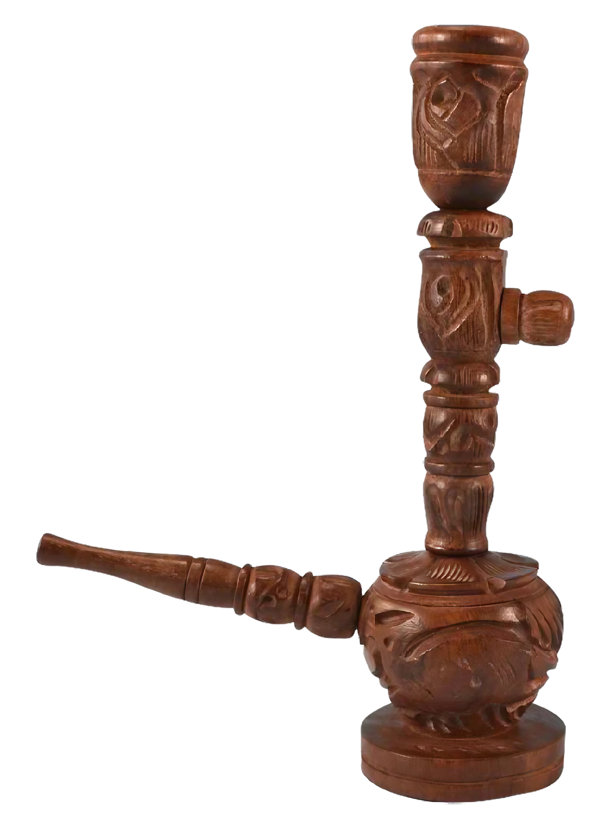 Intricately carved adjustable wooden pipe for dry herbs, 4.25" height, side view on white background