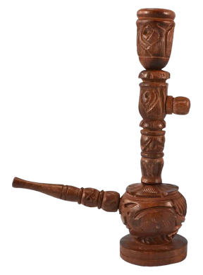 Intricately carved adjustable wooden pipe for dry herbs, 4.25" height, side view on white background