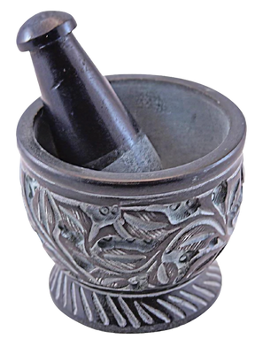 Carved Flower Soapstone Mortar & Pestle, Medium Size, Intricate Design, Front View