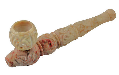 Carved Marble Stone Pipe, 5.5" Compact Design, Portable with Steel Bowl - Side View