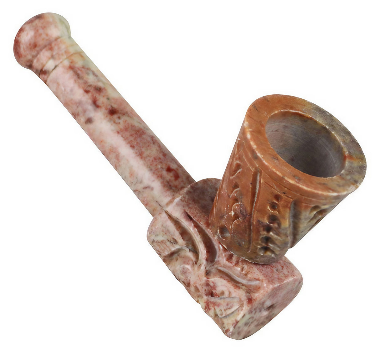 Carved stone hand pipe, portable 3.5" length, for dry herbs, top angled view on white background