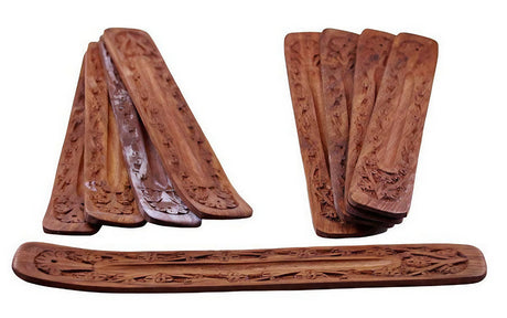 Assorted Carved Wood Boat Incense Burners, 10" Length, Compact Design, Front and Angled Views
