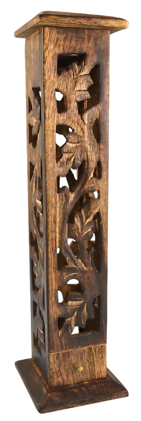 Carved Wood Square Tower Incense Burner with intricate leaf design, 12-inch height, front view