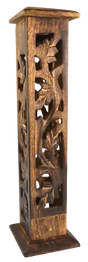 Carved Wood Square Tower Incense Burner with intricate leaf design, 12-inch height, front view