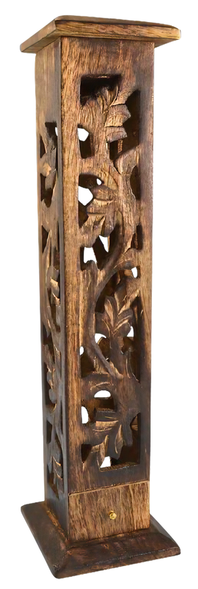 Carved Wood Square Tower Incense Burner with intricate leaf design, 12-inch height, front view