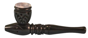 Intricately carved 4" wooden tobacco pipe, side view on a seamless white background