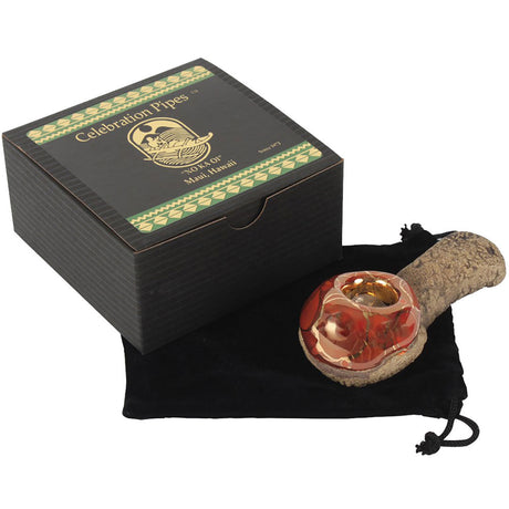 Celebration Pipes Lavastoneware Hand Pipe with a unique spoon design, displayed with box and pouch