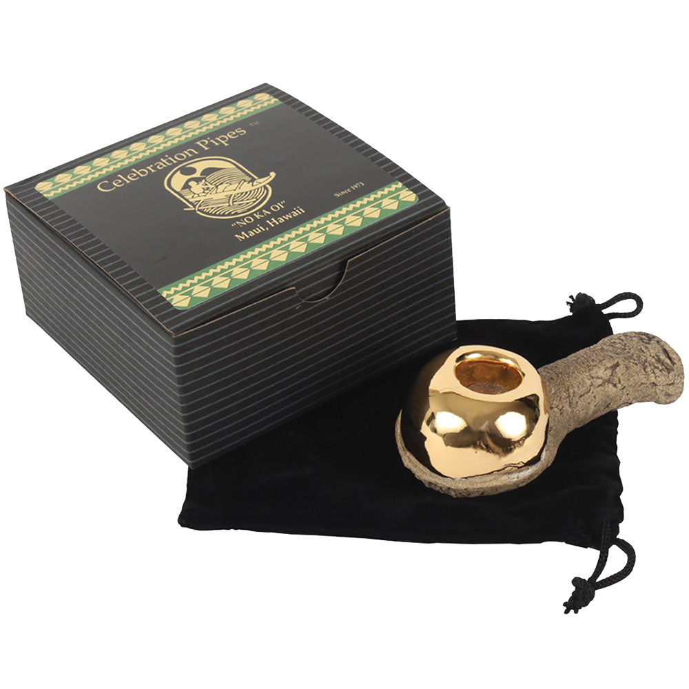 Celebration Pipes Lavastoneware Hand Pipe, gold finish, with velvet pouch and gift box