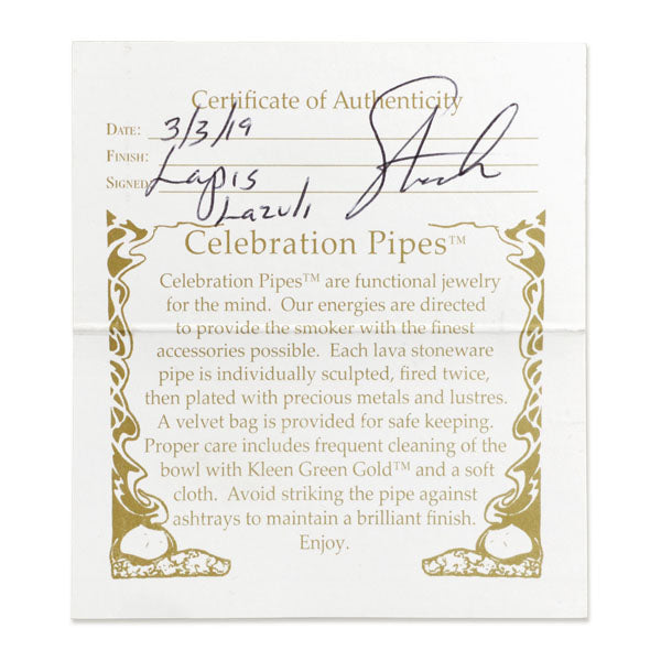 Celebration Pipes Lavastoneware Certificate of Authenticity on white background