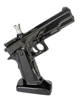 Black Ceramic .45 Pistol Shaped Water Pipe, 8.5" with Slit-Diffuser Percolator for Dry Herbs