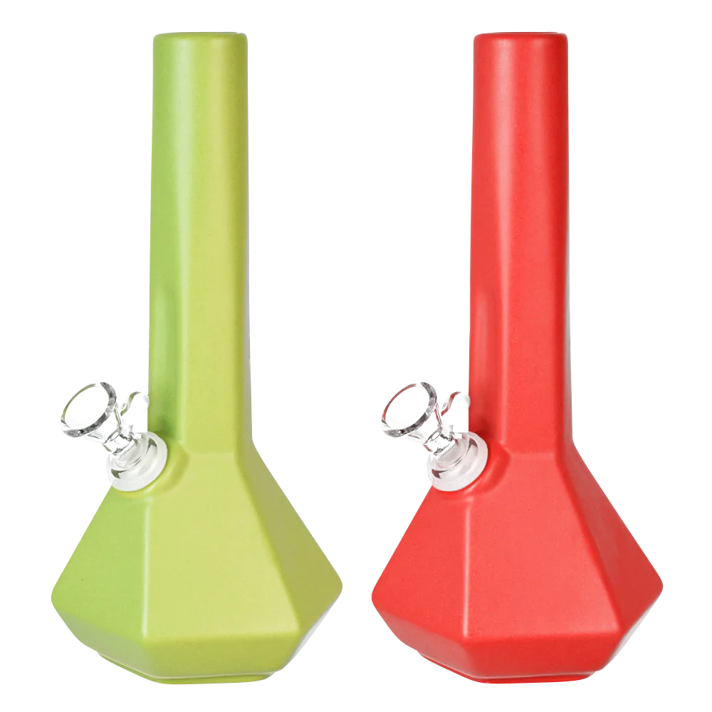 Ceramic Prism Beaker Water Pipes in green and red, 10" height, 45-degree joint, for dry herbs