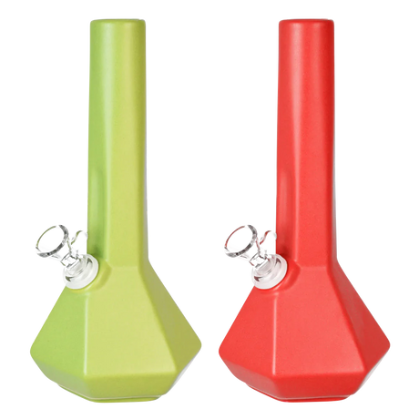 Ceramic Prism Beaker Water Pipes in green and red, 10" height, 45-degree joint, for dry herbs