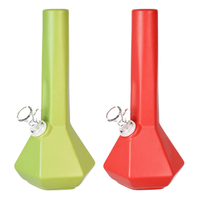 Ceramic Prism Beaker Water Pipes in green and red, 10" height, 45-degree joint, for dry herbs