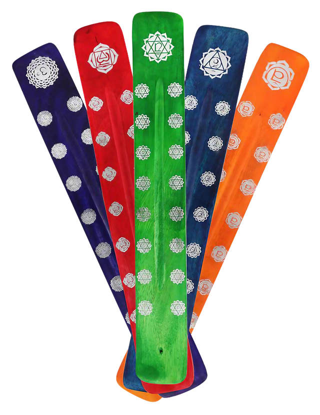 Chakra Colors 10" Wooden Incense Holders, 7 Pack, Front View on Striped Background