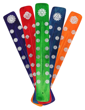 Chakra Colors 10" Wooden Incense Holders, 7 Pack, Front View on Striped Background