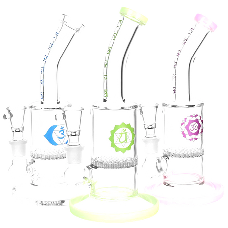 Chakra Focus Honeycomb Perc Water Pipes in 8" height, 14mm joint, front view, with color accents