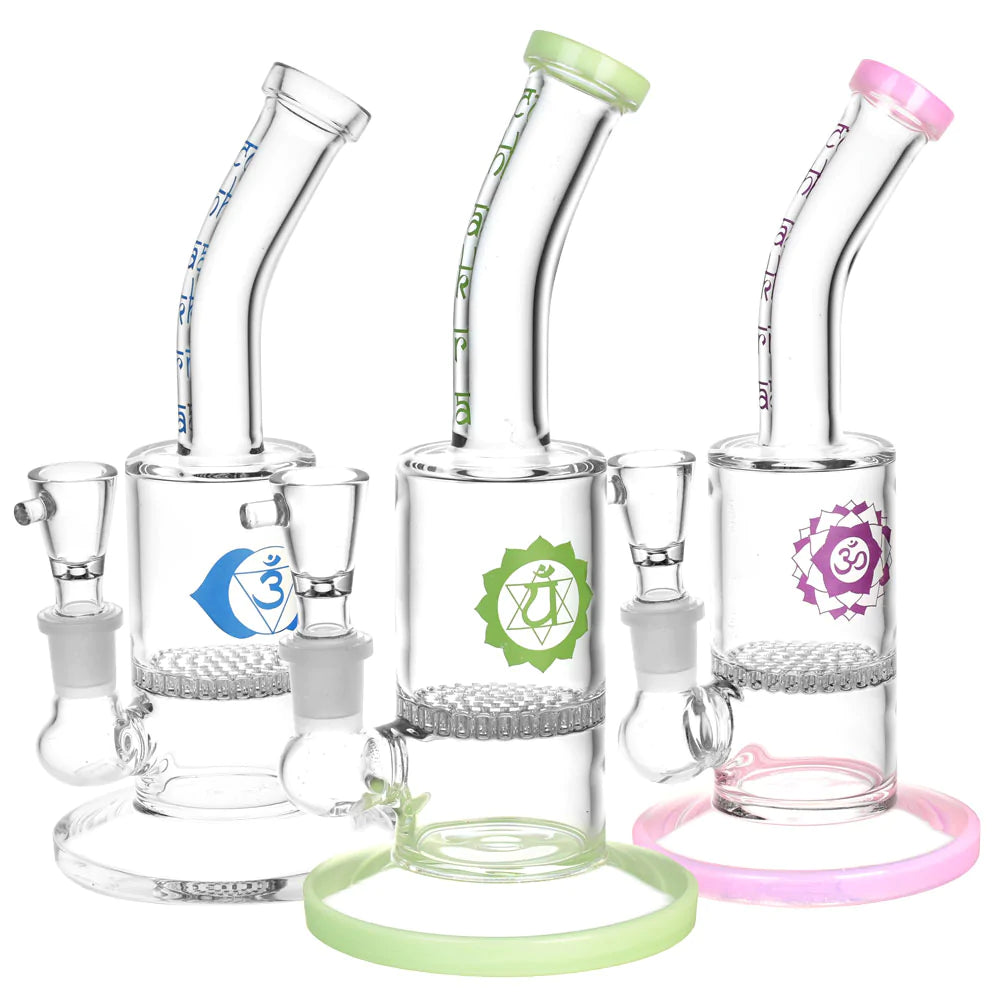 Chakra Focus Honeycomb Perc Water Pipes in 8" height with color accents and deep bowls, front view