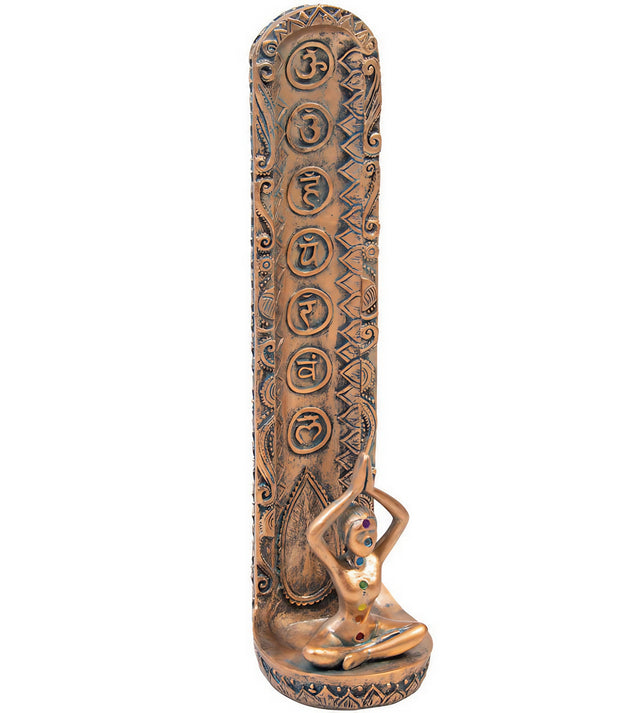 Polyresin Chakra Incense Burner with detailed engravings, front view on white background