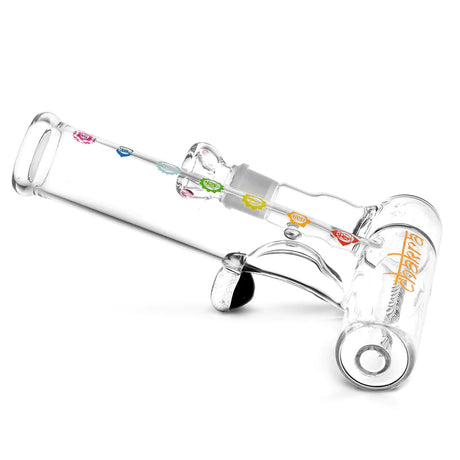Chakra Inline Perc Lazy Water Pipe, 9" Borosilicate Glass, Side View with Colorful Accents