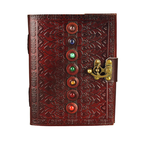 Chakra Stones Leather Journal with Brass Clasp, 6" x 8" Embossed Cover, Front View