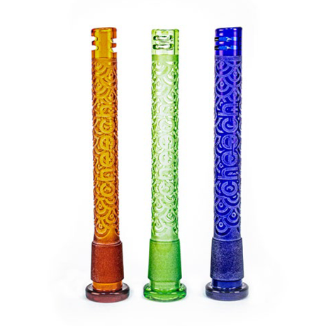 Cheech Glass 6" Downstems in orange, green, and blue with intricate designs, front view