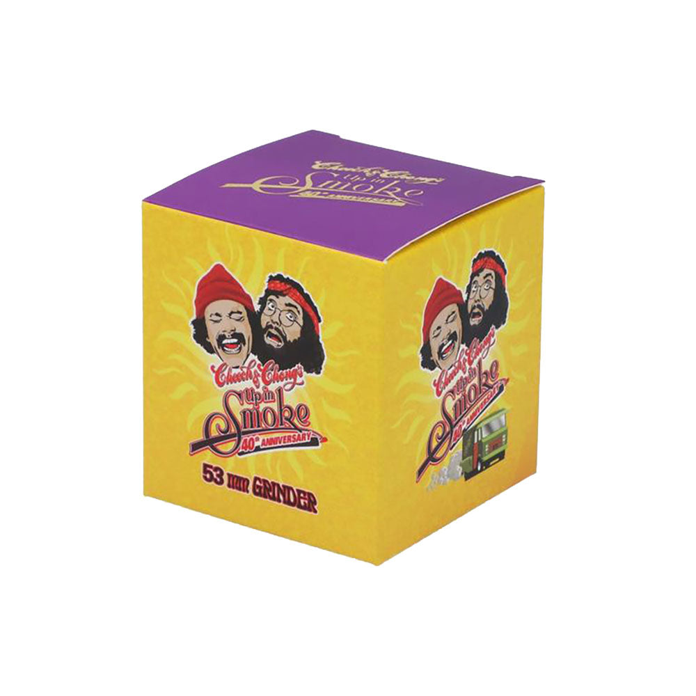 Cheech & Chong 53mm Metal Grinder packaging with vibrant graphics, front and side view