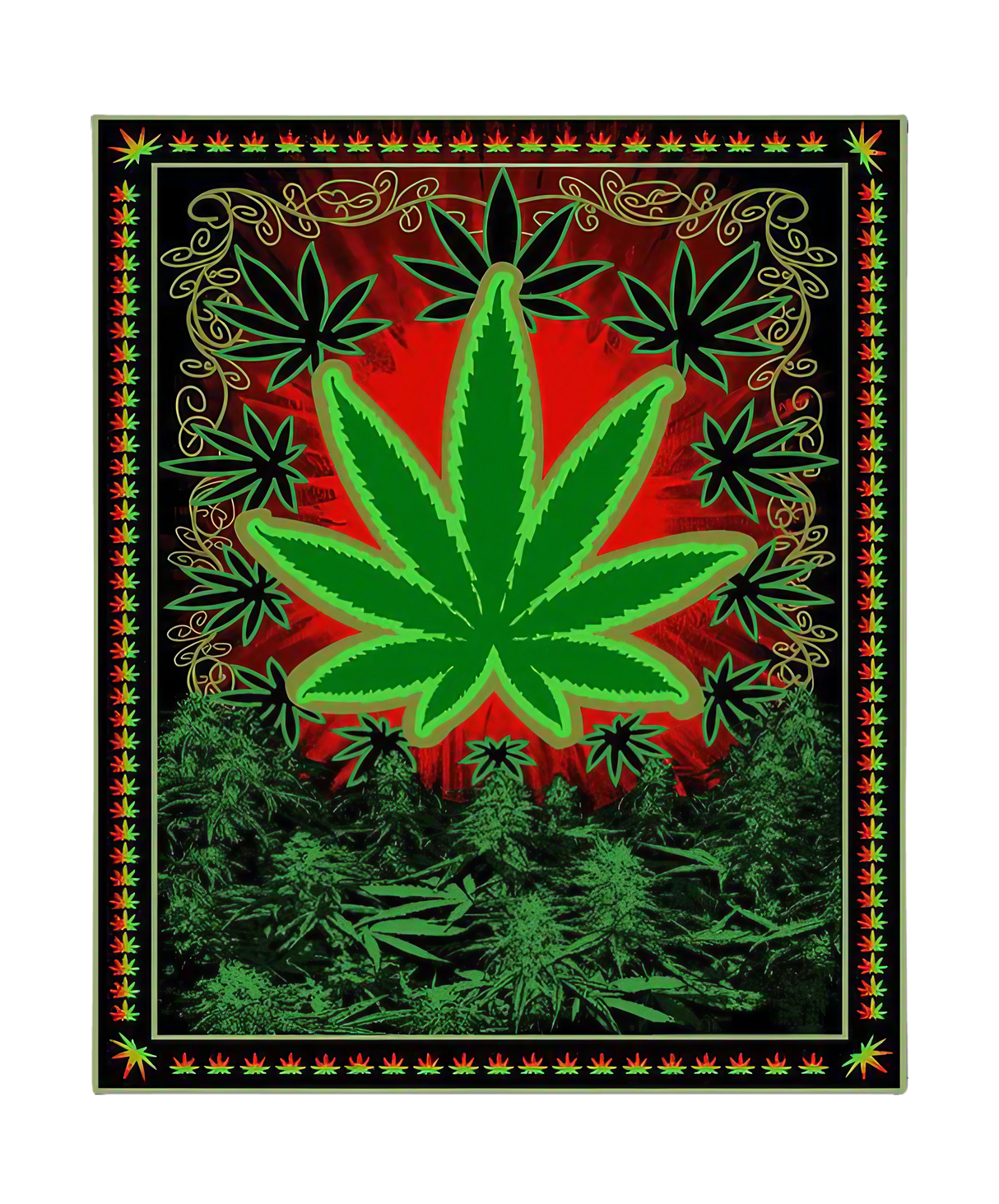 Chicko Leaf Plush Fleece Blanket with vibrant green cannabis leaf design on red background