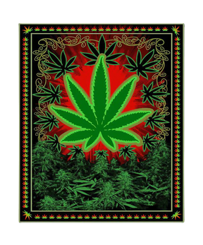 Chicko Leaf Plush Fleece Blanket with vibrant green cannabis leaf design on red background
