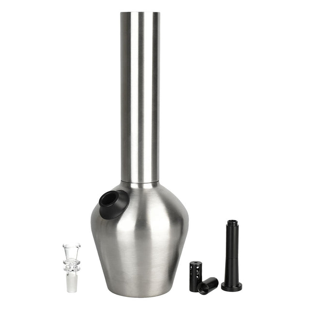 Chill Insulated Stainless Steel Water Pipe, 13" tall with 14mm Female joint, front view with accessories
