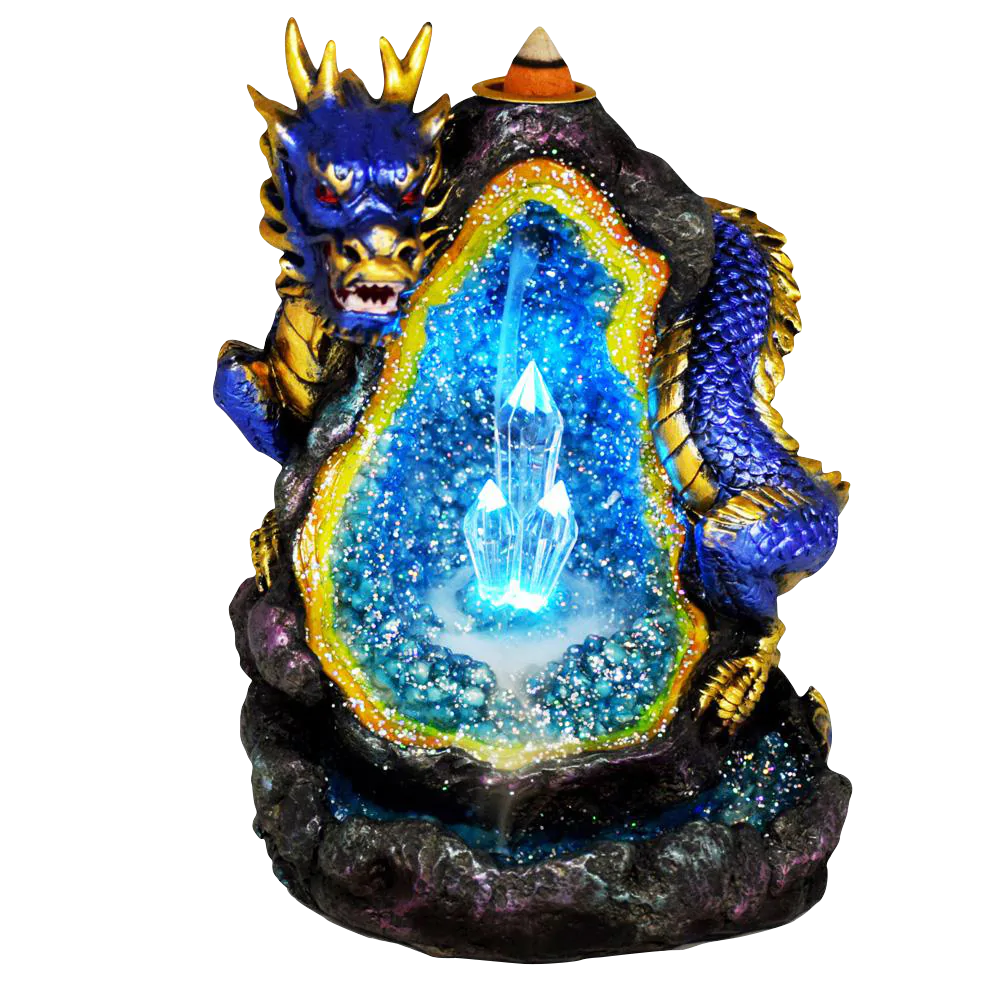 Polyresin Chinese Dragon Backflow Incense Burner with LED, Front View