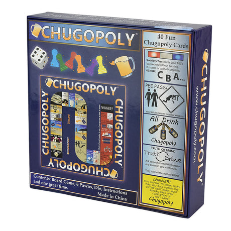 Chugopoly Drinking Board Game box front view, showcasing game pieces and cards