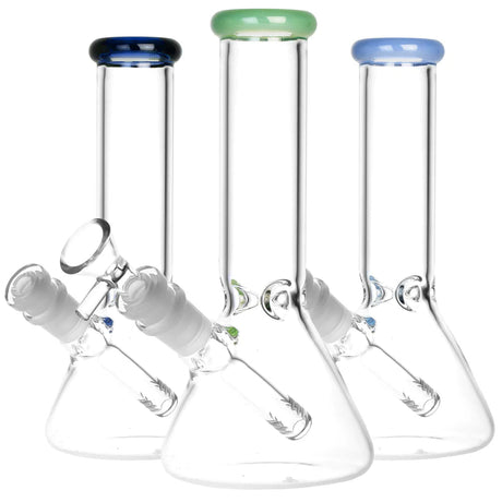 Assorted colors classic 8" glass beaker water pipes with 45-degree joints, front view