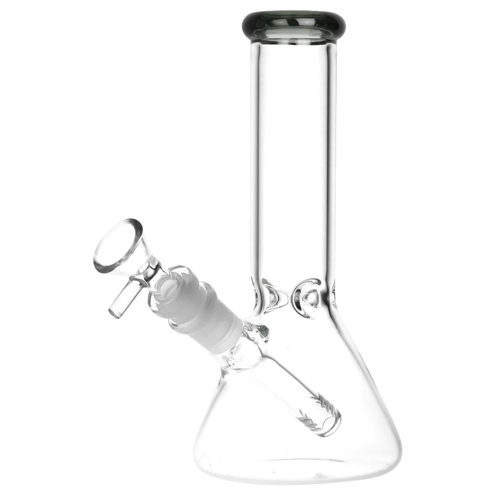 Classic 8" Glass Beaker Water Pipe with 45 Degree Joint Side View on White Background