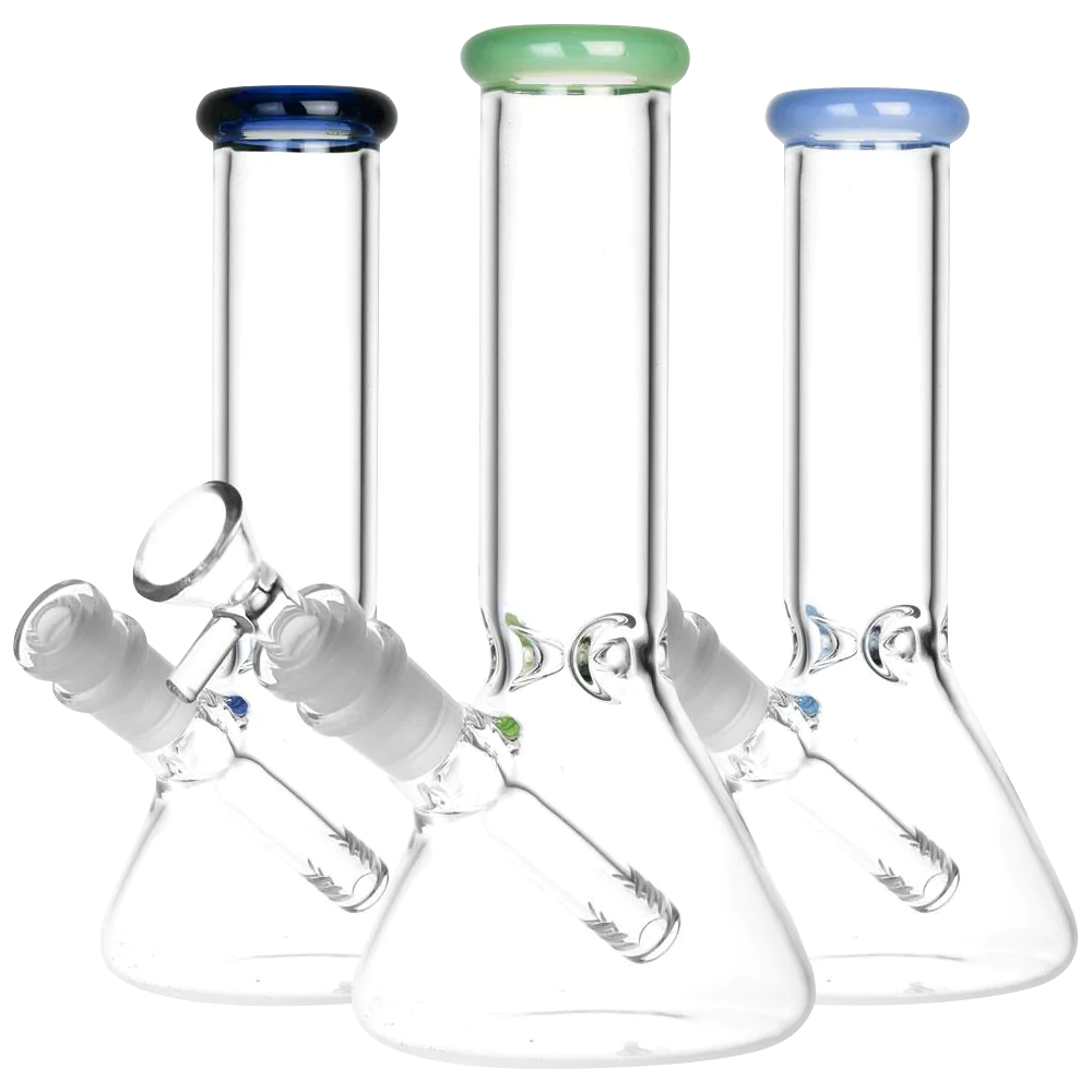 Assorted color classic 8" glass beaker water pipes with 45-degree joints, front view