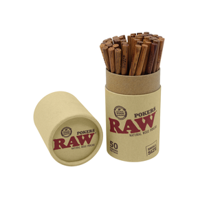 RAW Large Poker Tool Set, 50 Natural Wood Pokers, Front View with Open Container