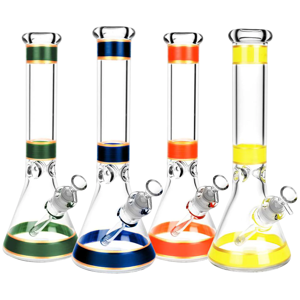 Color Band Beaker Water Pipes in a row with slit-diffuser percolators and 45-degree joints