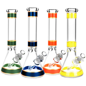 Color Band Beaker Water Pipes in a row with slit-diffuser percolators and 45-degree joints