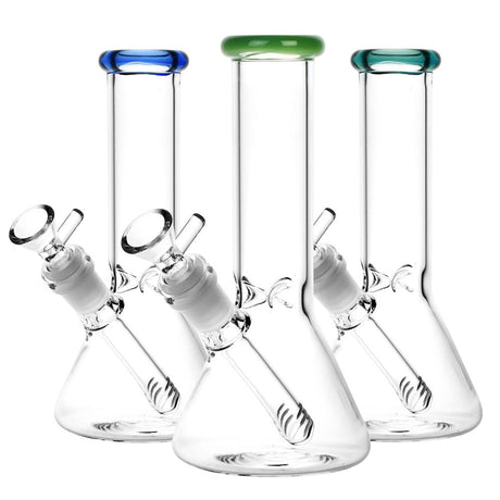 Assorted 8" Mini Beaker Water Pipes with Colorful Accents, Borosilicate Glass, Front View
